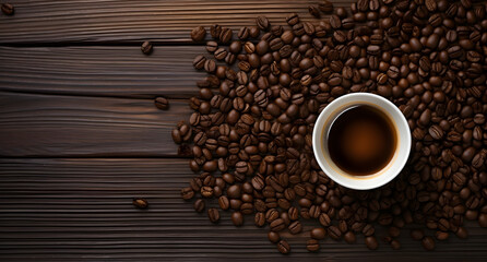 A cup of black coffee with scattered beans on a dark wooden background, in a top view