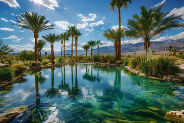 Obraz premium A desert oasis with palm trees and a clear blue pond.