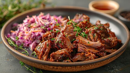 A plate of savory pulled pork, served with coleslaw.
