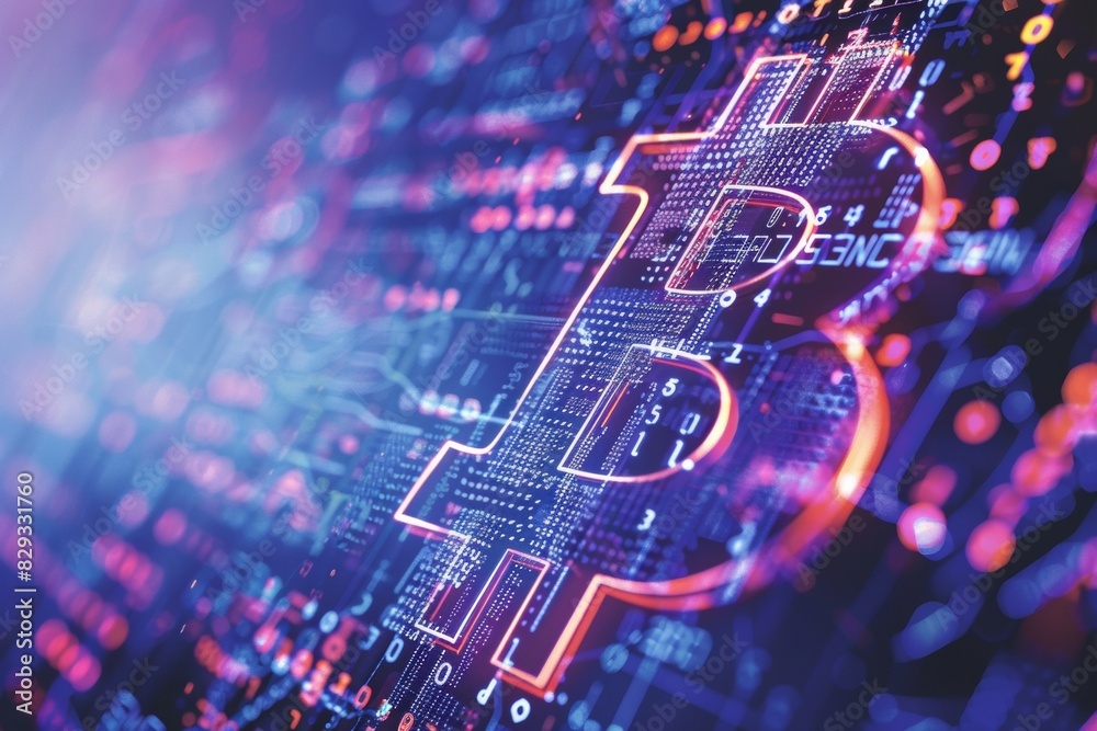Aufkleber Prominent Bitcoin Symbol Over Digital Blockchain Code Background Illustrating Cryptocurrency Concept in Financial Technology