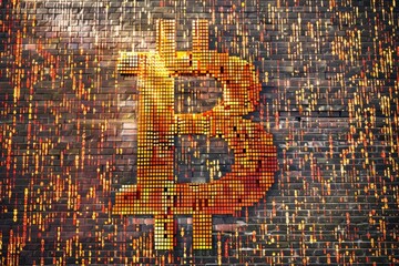 Dramatic Bitcoin Symbol Overlay on Digital Code Wall - Conceptual Representation of Cryptocurrency and Blockchain Technology
