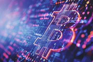 Prominent Bitcoin Symbol Over Digital Blockchain Code Background Illustrating Cryptocurrency Concept in Financial Technology