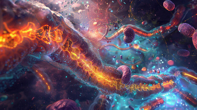 Illustrate the dynamics of cellular adenosine triphosphate (ATP) synthesis, with mitochondria and enzymes depicted amidst a vibrant, pulsating environment.