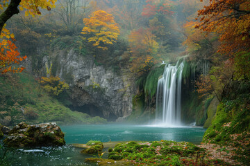 Beautiful waterfall in the forest with green mossy rocks and blue water, in an autumn nature background.