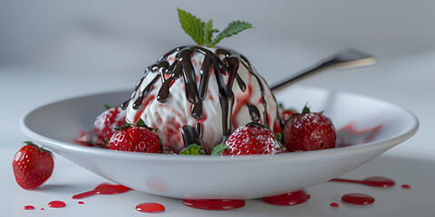 Delicious sweet banana split ice cream with strawberry and chocolate syrup
