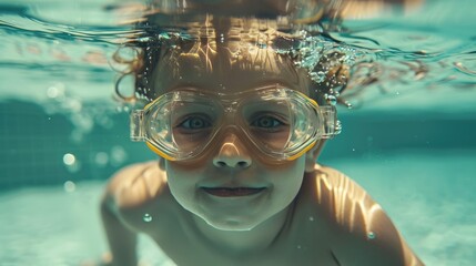 Naklejka premium The child is having fun, swimming, diving in the pool with safety glasses. Entertainment during the summer holidays.