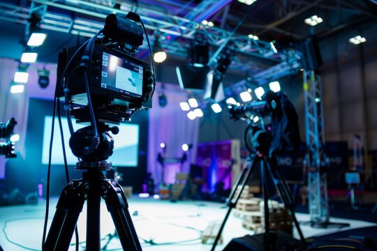 Professional Photography of a brand presentation stage setup with lighting and audio equipment, Generative AI 