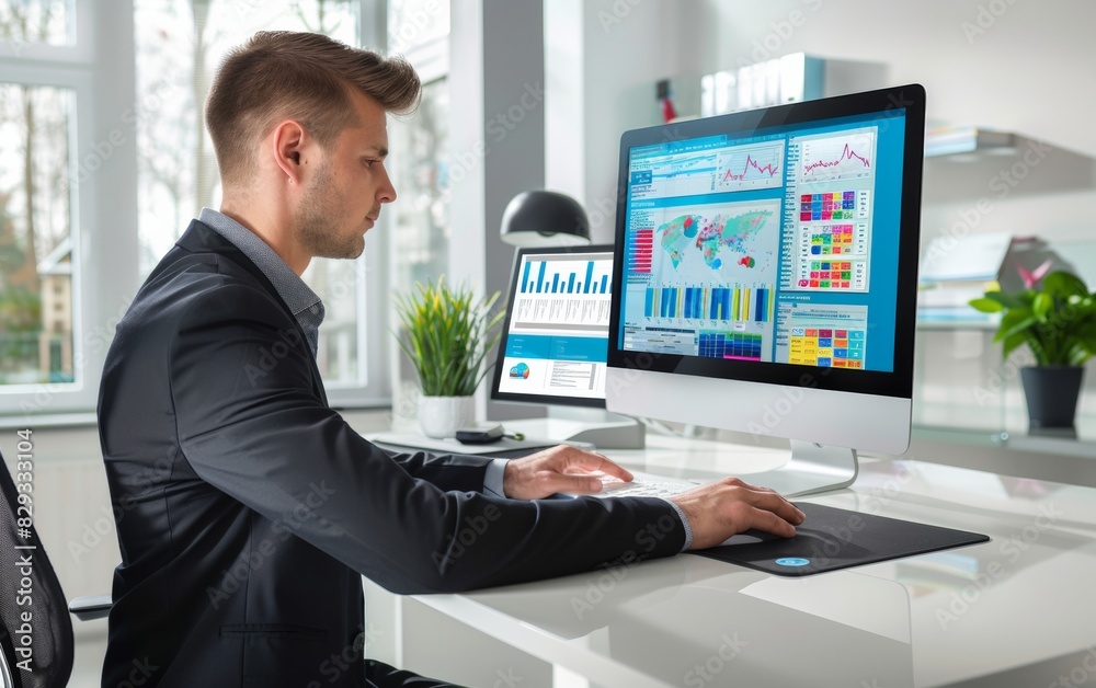 Poster young professional male working on data security applications in a high-tech office environment