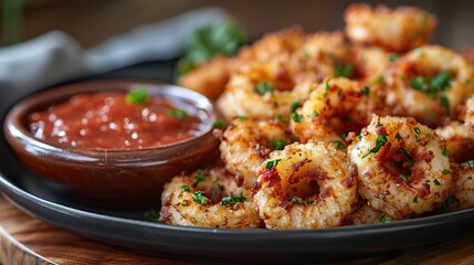 Fototapeta premium A plate of crispy fried calamari, served with marinara sauce.