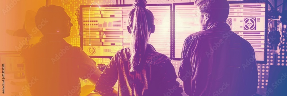 Poster futuristic command center scene with diverse cybersecurity experts monitoring blockchain transaction