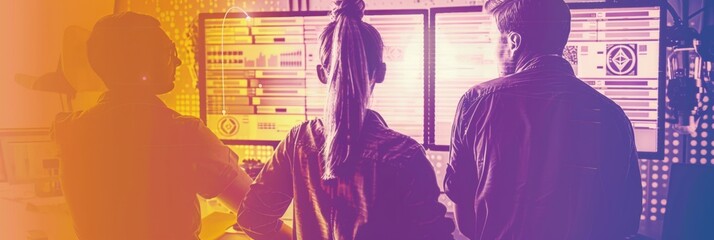 Futuristic Command Center Scene with Diverse Cybersecurity Experts Monitoring Blockchain Transactions, Late Afternoon