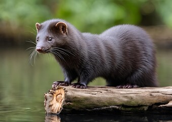 Fototapeta premium Adult American Mink (Neovison vison) standing on a log with both paws in view.