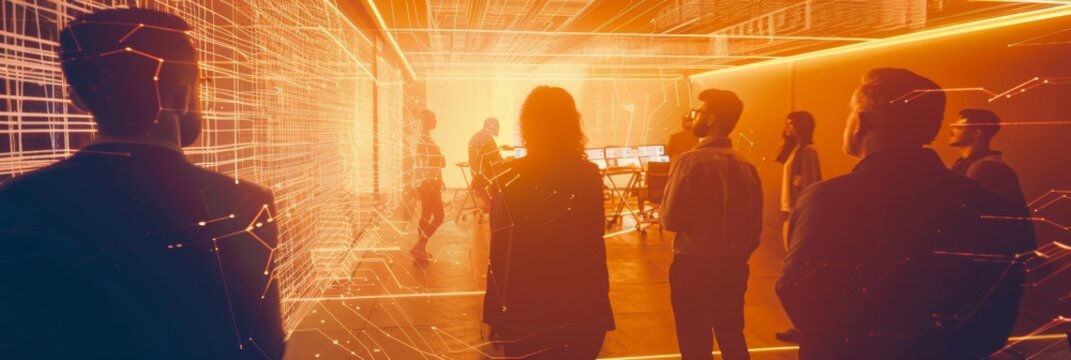 Diverse Cybersecurity Team Monitors Blockchain Transactions in Futuristic Command Center