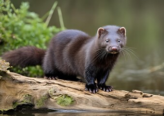 Adult American Mink (Neovison vison) standing on a log with both paws in view.
