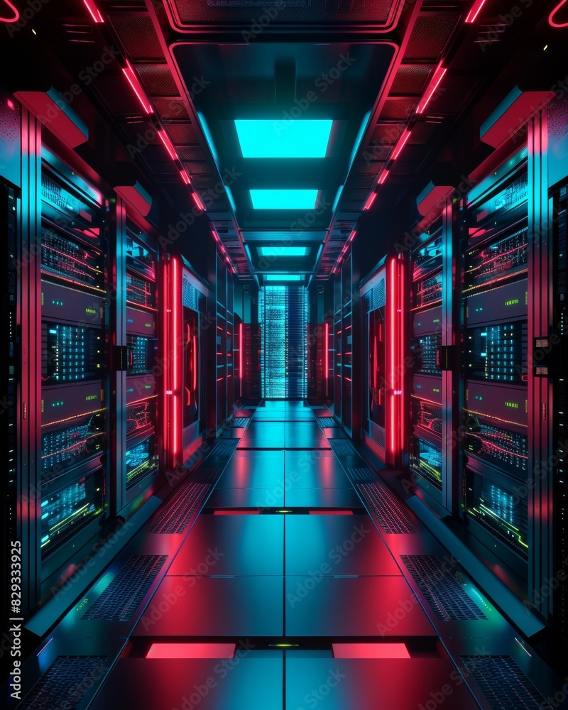 Aufkleber cybersecurity awareness month: advanced server room illuminated by data racks, symbolizing digital s