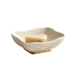 Elegant ceramic dish with a decorative candle, perfect for home decor or spa settings, adding a touch of calm and sophistication.