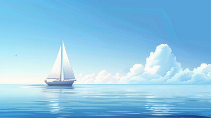 A sailboat gliding on a calm sea.