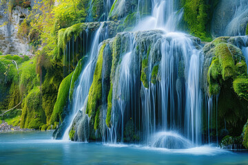 Beautiful waterfall in the forest with green mossy rocks and blue water, in an autumn nature background.