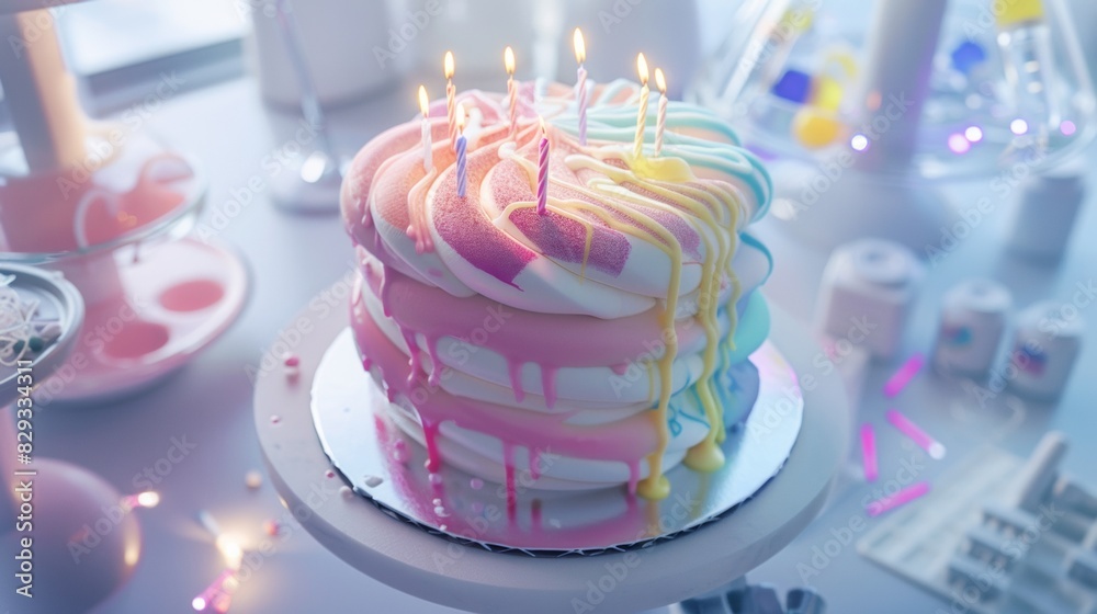 Poster celebrating scientific breakthrough in dna editing with a futuristic birthday cake in a lab setting