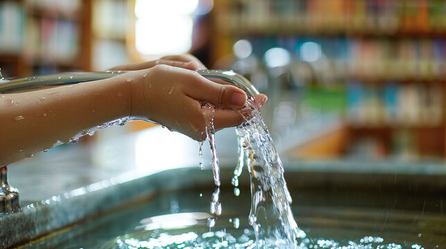 A water conservation poster in a public library.