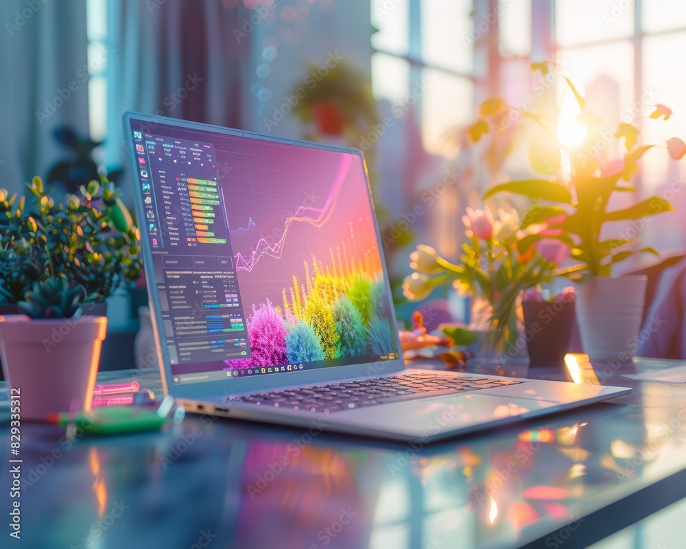 Poster modern workspace featuring laptop with futuristic genetic editing interface during sunset