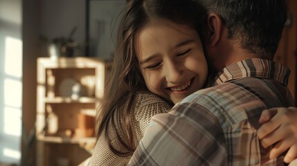 Obraz premium Father's Day. Happy Family Daughter Hugs Her Father