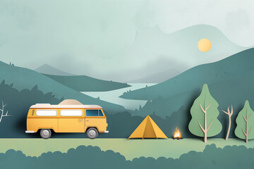 Obraz premium van outdoors adventure, parking behind campfire and yellow tent flat vector minimal illustration