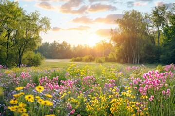 Fototapeta premium Serene Meadow at Sunset Poster for Habitat Preservation: Emphasizing Pollinator Health in Natural Habitats