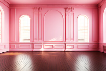 Empty style interior pink room modern, brown wood floor in sheets. Sunlight shines through window, inside shadows. Beautiful art architecture modern interior decoration.	Background Abstract Texture.
