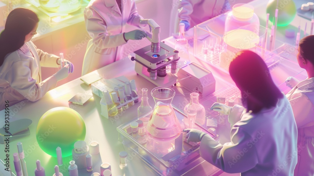 Poster diverse team of scientists at work in a vibrantly lit lab, discussing in vitro fertilisation breakth