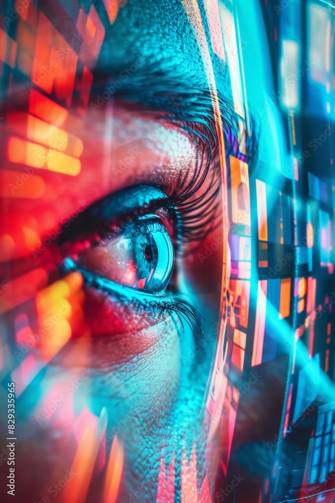 Aufkleber futuristic privacy technologies close-up: a woman interfacing with advanced holographic displays in 