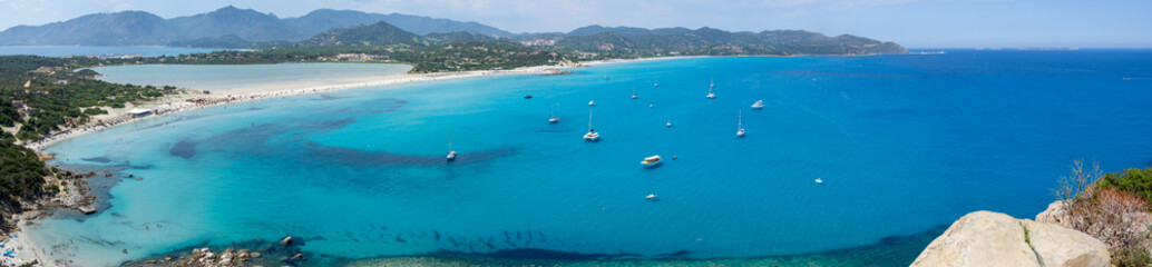 Villasimus, Sardegna. Amazing aerial view of the bay of the beach Porto Giunco, Time Ama, Serr'e Morus. Sea of Sardinia one of the most beautiful in Italy. Summer time © Matteo Ceruti