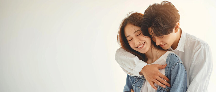 Asian Couple In White Shirt And Jean Hug Love Full Body Light In Studio Realristic On White Background.