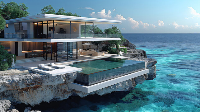A super modern and minimalistic mansion sits perched on a cliff overlooking the crystal-clear waters of the ocean. The sleek exterior of the home. Generative AI. - Powered by Adobe