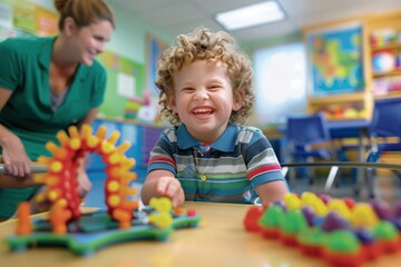 Fototapeta premium A Caucasian boy with curly hair laughing while playing with a colorful toy in a preschool setting, with a woman assisting him.