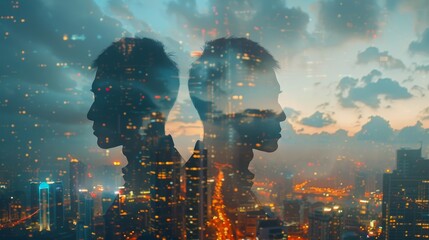 Obraz premium Business, Finance and Investment Concepts: The future of digital technology, Double exposure of business people and city landscape