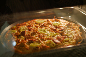 Homemade pizza is baked in a modern electric oven.