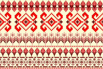 Ethnic geometric oriental traditional seamless on beige background pattern. Native Aztec pixel elements tribal abstract style design for fabric, wallpaper, border decor, texture, textile, embroidery