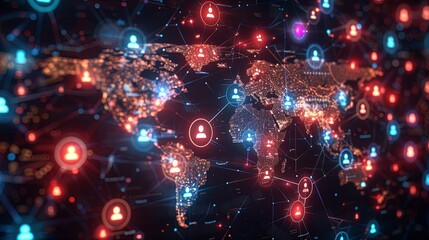 Global Connection Technology and Social Network Concept. World Map with Nodes and Links Representing Human Icon Teams, Digital Networking, and International Communication.