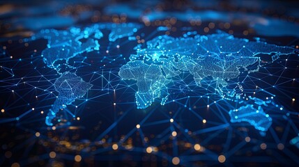 Obraz premium Global Connection Technology and Social Network Concept. World Map with Nodes and Links Representing Human Icon Teams, Digital Networking, and International Communication.