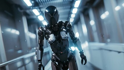 A futuristic corridor with a humanoid robot