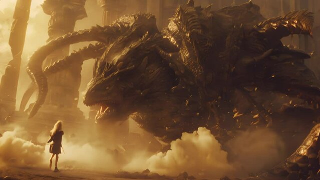 A fierce dragon confronts a tiny figure in an epic fantasy scene