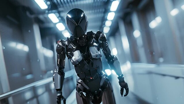 A futuristic corridor with a humanoid robot