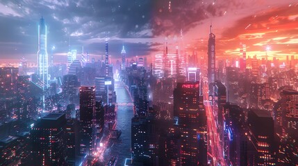 Fototapeta premium A cityscape with neon lights and a cloudy sky