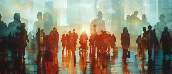 Obraz premium Double exposure image of many business people teamg group silhouette office background.