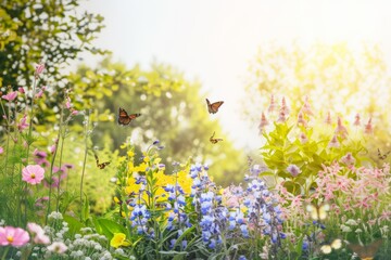 Fototapeta premium National Pollinator Month Celebration: Sunrise in a Lush Garden with Bees, Butterflies, and Vibrant Flowers
