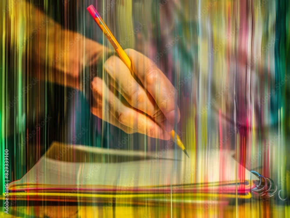 Poster Abstract Neurographic Art Creation in Vibrant Green Studio using Long Exposure Technique with Blurred Hand and Sketchbooks
