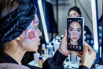 An Asian woman uses augmented reality on a smartphone to apply virtual makeup in a high-tech beauty store, exploring innovative cosmetic options.