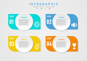 4 steps business multi-colored square infographic template There are numbers on the left, white icons on the right. The circular button in the middle has letters on top. gray gradient background