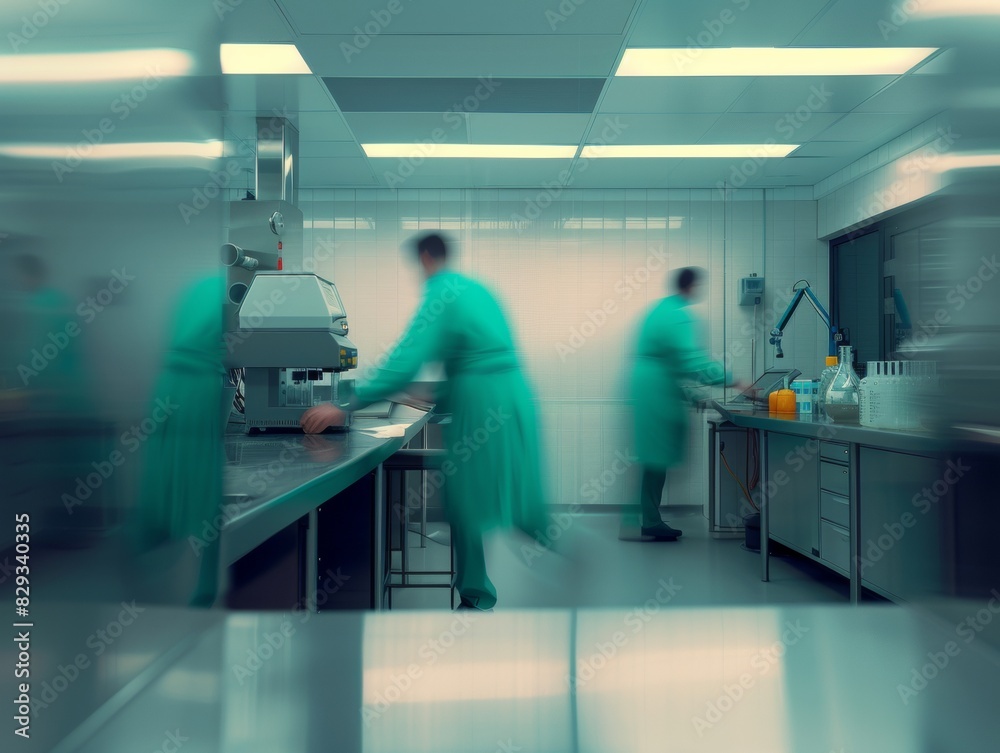Aufkleber Abstract Motion Blur of Two Scientists in Green Lab Coats in a Symmetrical Gray Laboratory, Utilizing Reproduction Technology
